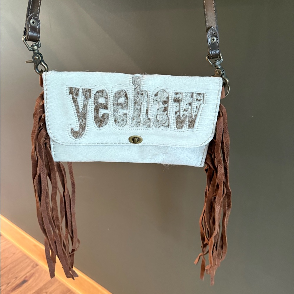 Cowhide Yeehaw White and Brown Fringe Crossbody Bag NEW!